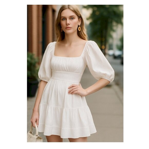 Lulus Ethereal Arrival White Puff Sleeve Tie-Back Chiffon Mini Dress Size Small - Picture 8 of 8